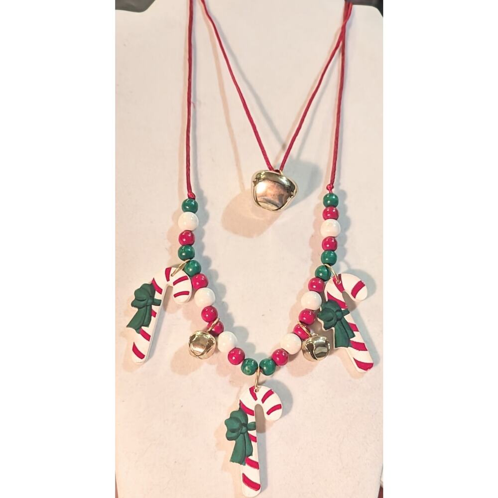 Christmas Necklaces Colorful Wooden Candy Canes Bells Beaded Holiday Festive - Picture 1 of 4